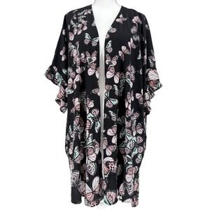 Butterfly Print Black Kimono Cardigan Y2K Whimsical Boho Duster L XL